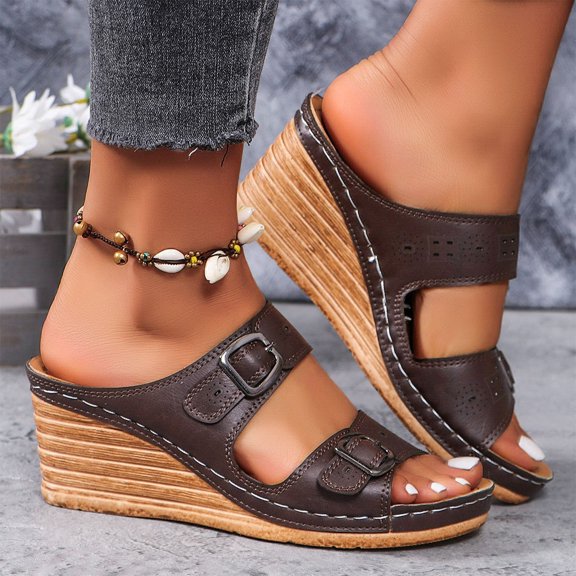 THDHVS Brown Sandals Women,Sandals for Women,Women's Cork Footbed Sandals Summer Slip On Slide Sandals with Adjustable Buckle Coffee 5.5