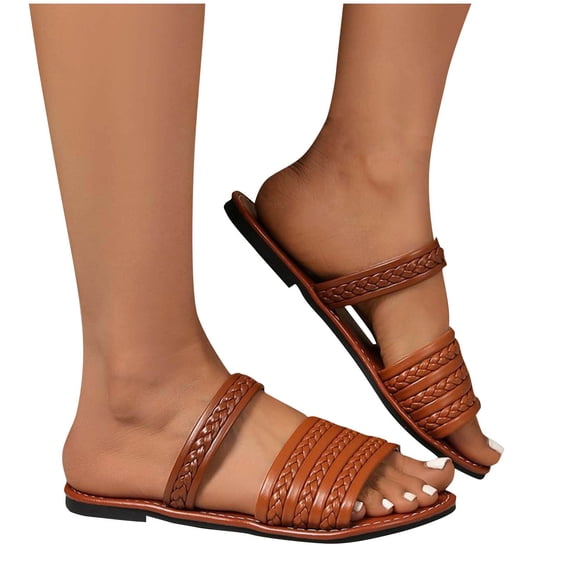 THDHVS Brown Sandals Women,Sandals for Women,Women's Fashion Casual Solid Color Woven Outer Wear Spring and Summer Flat Beach Slippers Brown 6