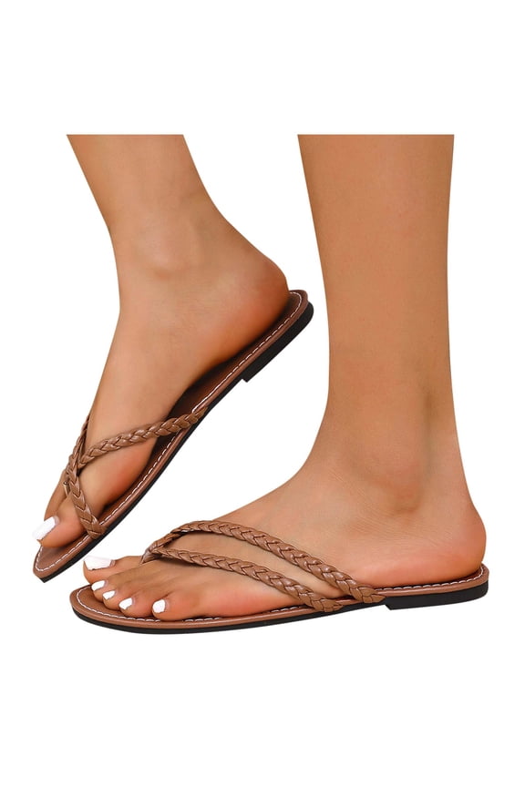 Women's Sandals,Flat Sandals for Women,Women's Fashion Casual Solid Color Woven Toe Spring and Summer Flat Flip Flops Brown 7.5