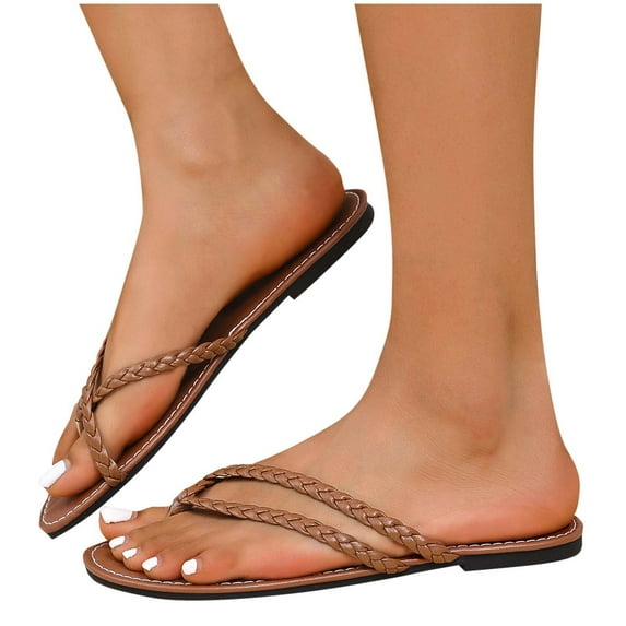 THDHVS Women's Sandals,Flat Sandals for Women,Women's Fashion Casual Solid Color Woven Toe Spring and Summer Flat Flip Flops Brown 9.5