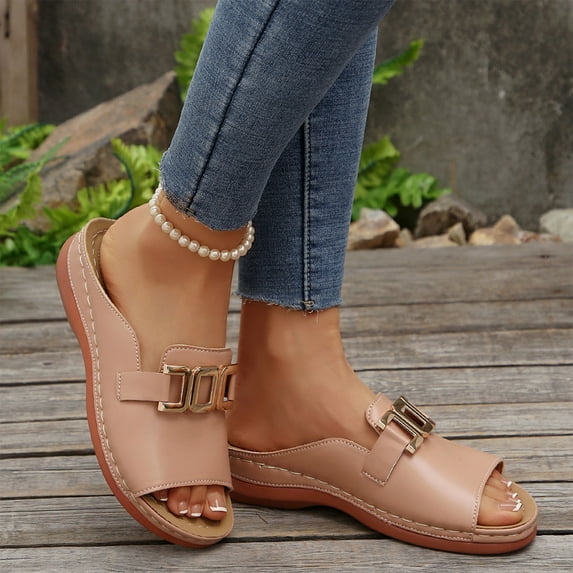 THDHVS Wedge Sandals for Women,Sandals Women,Women's Fashion Casual Summer Buckle Wedge Heel Open Toe Metal Buckle Fish Mouth Beach Sandals Brown 9