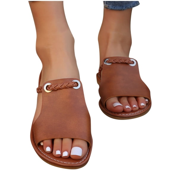 THDHVS Sandals for Women,Women's Fashion Casual Summer Daily Solid Color Woven Hollow Flat Sandals Brown5.5