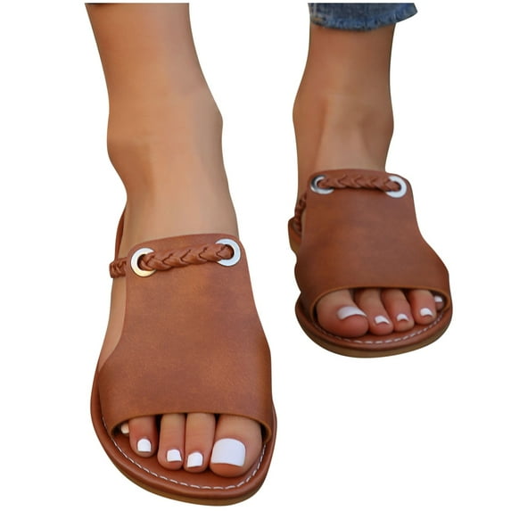 THDHVS Sandals for Women,Women's Fashion Casual Summer Daily Solid Color Woven Hollow Flat Sandals Brown8.5