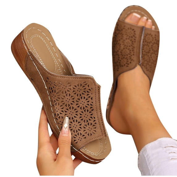 THDHVS Brown Sandals Women,Sandals for Women,Women's Fashion Casual Summer One-Line Hollow Fish Mouth Wedge Heel Casual Outdoor Sandals Brown 9
