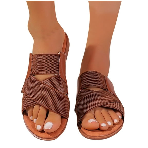 THDHVS Wide Sandals for Women,Sandals Women,Women's Fashion Casual Summer Solid Color Flat Open Toe Round Head Slippers Brown 5.5