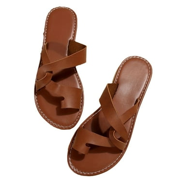 THDHVS Women's Sandals,Flat Sandals for Women,Women's Fashion Casual Summer Solid Color Retro Flat Toe Slippers Outdoor Beach Sandals Brown 9.5