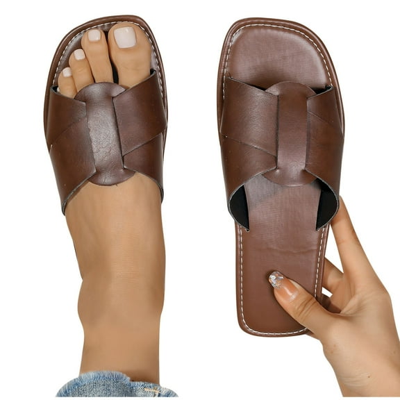 THDHVS Brown Sandals Women,Sandals for Women,Women's Fashion Casual Summer Style Outdoor Wear Solid Color Retro Flat Open Toe Beach Slippers Brown 9
