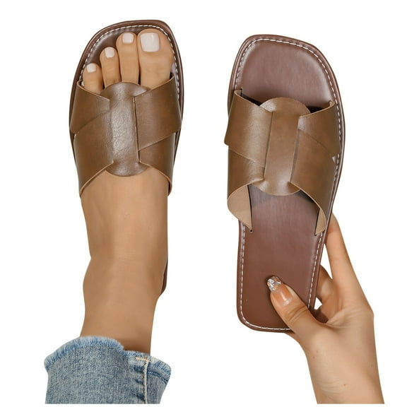 THDHVS Brown Sandals Women,Sandals for Women,Women's Fashion Casual Summer Style Outdoor Wear Solid Color Retro Flat Open Toe Beach Slippers Coffee 6