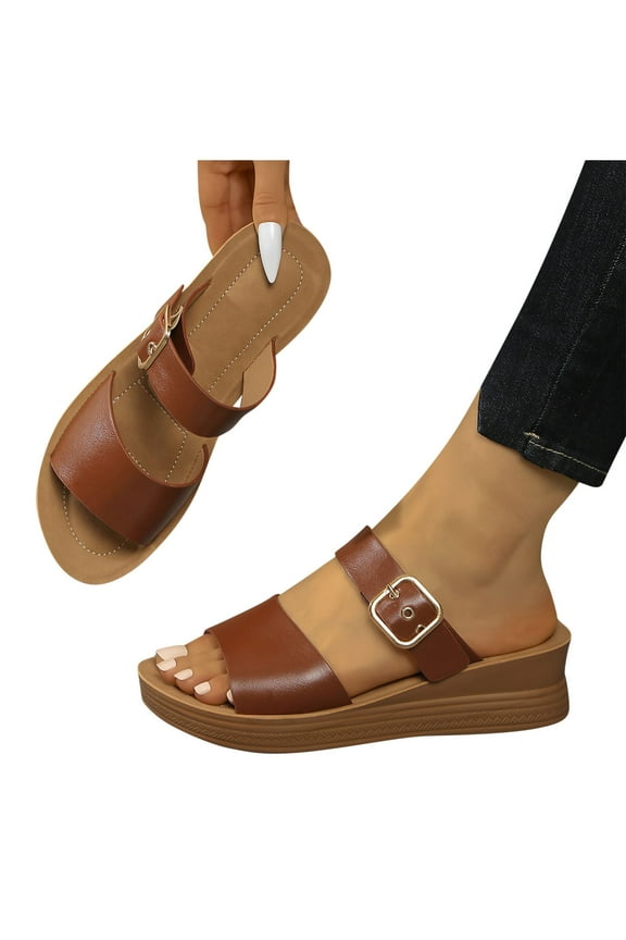 Brown Sandals Women,Sandals for Women,Women's Fashion Casual Summer Style Solid Color Platform Thick Bottom Wedge Heel Slippers Brown 9.5