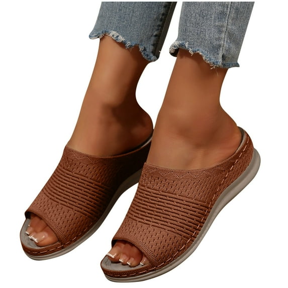 THDHVS Brown Sandals Women,Sandals for Women,Women's Fashion Casual Summer Style Solid Color Wide Stripe Fish Mouth Thick Bottom Slippers Brown 8.5