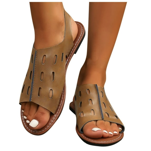 THDHVS Beach Sandals for Woman,Womens Sandals,Women's Fashion Casual Summer Large Size Hollow One-Line Flat Bottom Splicing Fish Mouth Beach Sandals Brown 5.5
