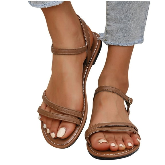 THDHVS Beach Sandals for Woman,Womens Sandals,Summer Comfortable Dressy Flat Casual Ankle Strap Elastic Slip on Beach Sandal Brown 5.5