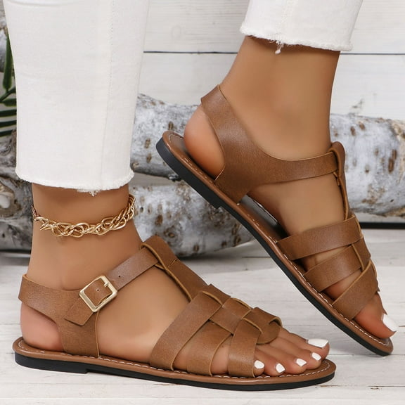 THDHVS Beach Sandals for Woman,Womens Sandals,Women's Fashion Casual Summer Large Size Flat Buckle Hollow Open Toe Beach Sandals Brown 8.5