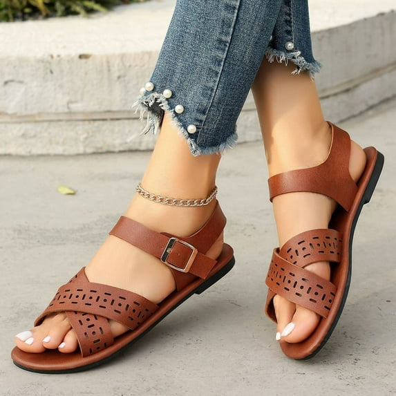 THDHVS Flat Sandals for Women,Sandals Women,Womens Fisherman Flat Sandal Cute Woven Strappy Closed Toe Shoes for Summer Brown 8.5