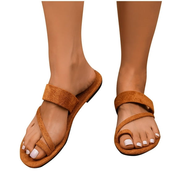 THDHVS Brown Sandals Women,Women Sandals,Women's Slide Sandals Flat Toe Ring Thongs with Strap for Summer Brown 9