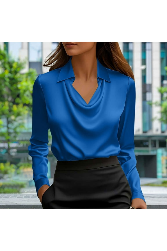 Business Casual Tops for Women,Womens Dress Shirts,Women Wave Collar Long Sleeve Top with Round Neck for Formal Occasion andFormal Work Wear Blue XXXL