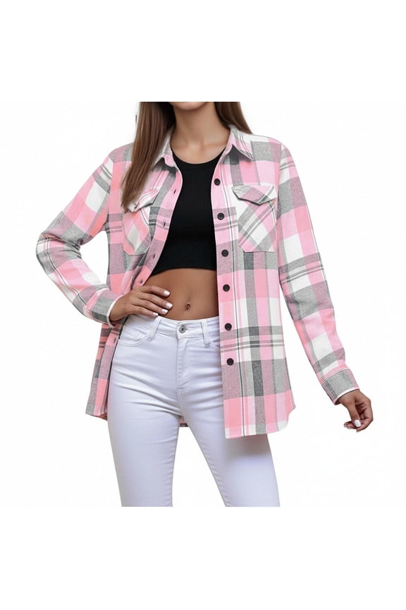 Button Down Shirts for Women,Womens Long Sleeve Tops,Women Plaid Wool Blend Shacket Long Sleeve Oversized Casual Jacket for Fashion