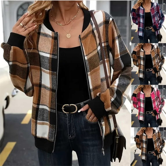 THDHVS Button Down Shirts for Women,Women Checkered Long Sleeve Cardigan with Zip Front Hood andNo Pockets Loose Fits for Casual Layering Hot Pink M