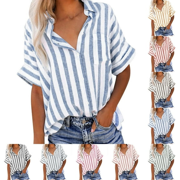 THDHVS Button Down Shirts for Women,Linen Look Striped Shirt with Button Front Collar and Utility Pockets Creating Smart Casual Open Cardigan Style,Tops for Women Trendy