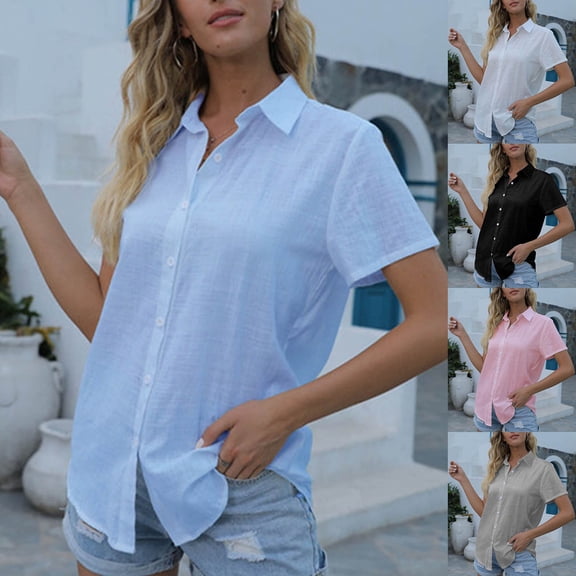 THDHVS Button Down Shirts for Women,Solid Color Linen Look Short Sleeve Shirt with Collared and Breathable for Summer Comfortable,Tops for Women Trendy