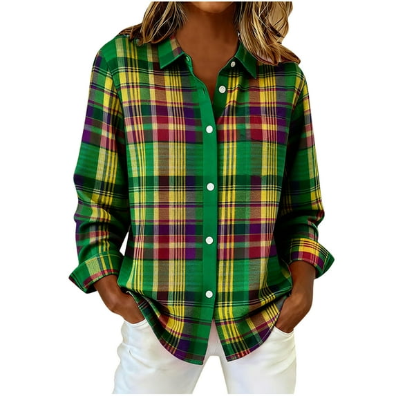 THDHVS Button Down Shirts for Women,Womens Tops Long Sleeve,Women's All-Over Vintage Plaid Shirt with Button-Down Collar and Long Sleeve Classic Button-Up Top Fashion Style for Casual Wear