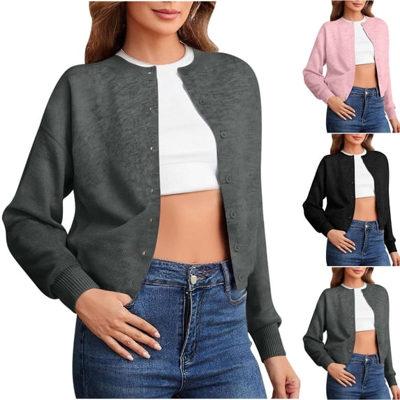 THDHVS Cardigan Sweaters for Women,Womens Sweaters,Women's Solid Color Cardigan with Button Front and Soft Crew Neck Knit Sweater Versatile Layering for Casual Comfortable