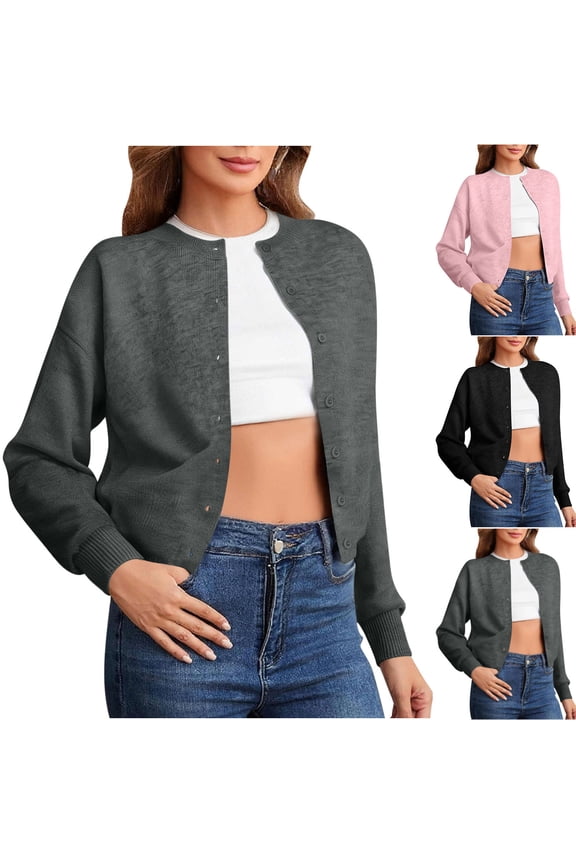 Cardigan Sweaters for Women,Womens Sweaters,Women's Solid Color Cardigan with Button Front and Soft Crew Neck Knit Sweater Versatile Layering for Casual Comfortable