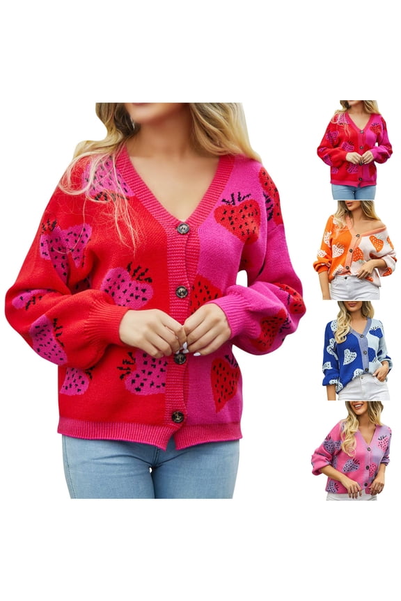 Cardigan Sweaters for Women,Womens Sweaters,Women's Strawberry Print Knit Sweater with Long Sleeve and Crew Neck Cozy Top Features Allover Fruit Pattern for Casual Comfortable