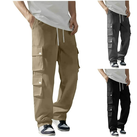 THDHVS Cargo Pants for Men,Men's Pants,Men Solid Color Work Pants with Multi Pocket Drawstring Waist and Straight Leg for Outdoor Relaxed ctionality Khaki S