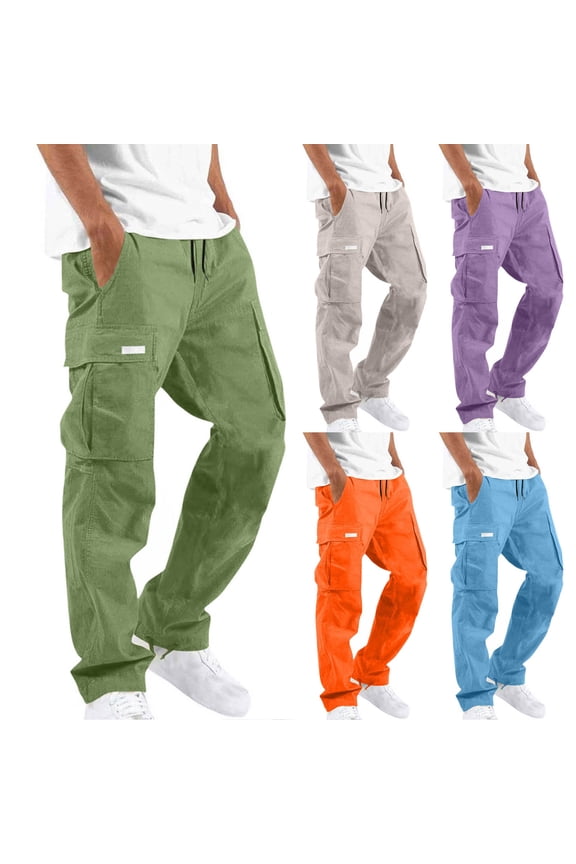 Cargo Pants for Men,Men's Pants,Men Cargo Pants with Multiple Pocket Patches Drawstring Waist Straight Leg Purple