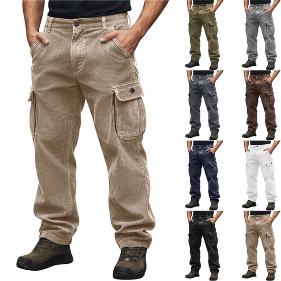 THDHVS Cargo Pants for Men,Men's Pants,Men Casual Corduroy Pants Solid Color with Button Pockets Khaki