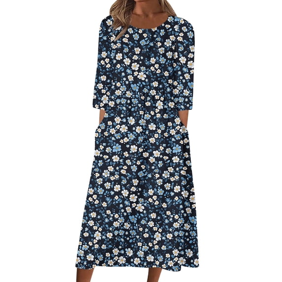 THDHVS Casual Dresses for Women,Womens Dresses,Casual Floral Print Dress 3 4 or Short Sleeve Crewneck Knee Length Black
