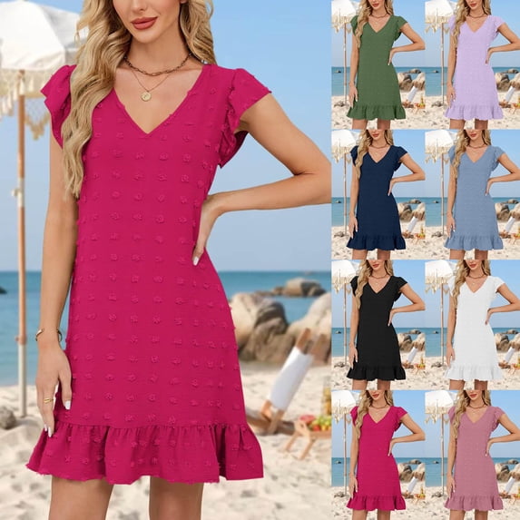 THDHVS Casual Dresses for Women,Womens Dresses,Solid Color V Neck Short Sleeve Dress with Flutter Sleeve Feminine White