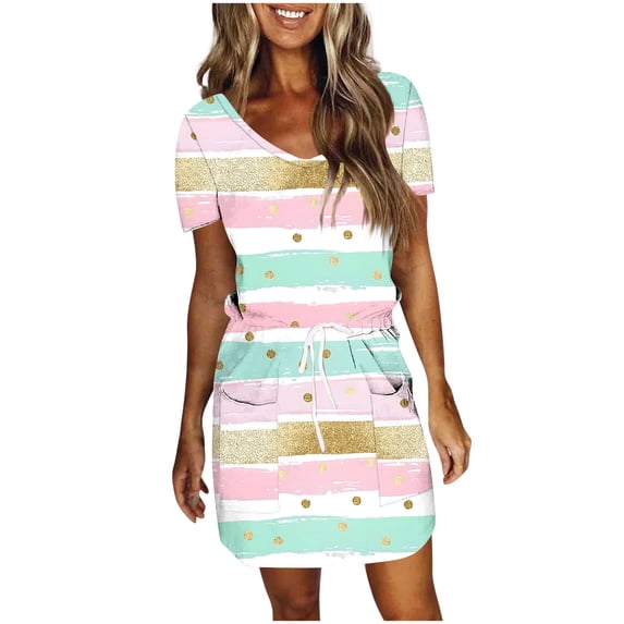 THDHVS Casual Dresses for Women,Womens Dresses,V Neck Midi Dress with Short Sleeve Side Pocket and Tie Detail Print Pink