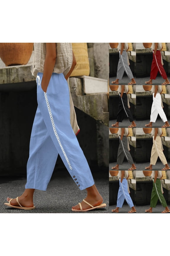 Casual Pants for Women,Women's Pants,Linen Look Straight Leg Pants Side Button Detail Elastic Waist with Pockets White