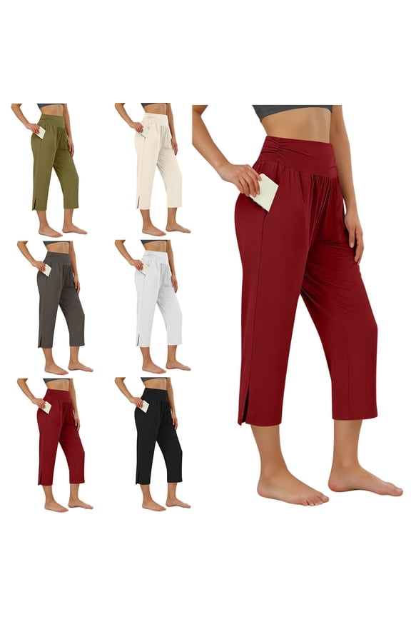 Casual Pants for Women,Womens Bermuda Shorts,Summer Loungewear 3 4 Length Pants Pockets Ruching Elastic Waist Slit Hem Beige