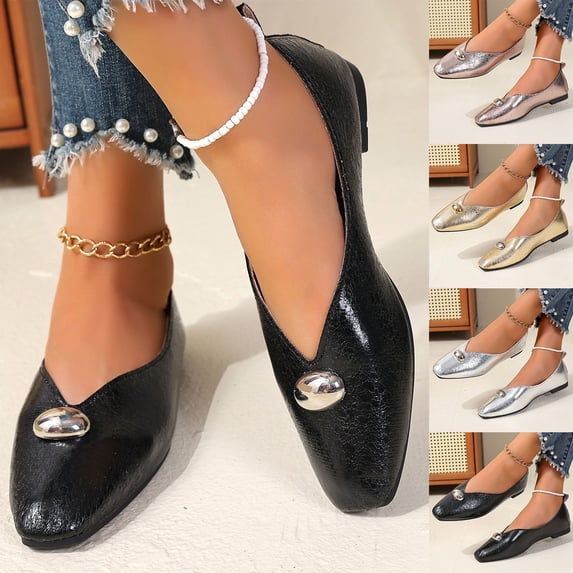 THDHVS Casual Shoes for Women,Womens Dress Shoes,Women Comfortable Flats with Buckle Detail Soft Leather Square Toe Gold