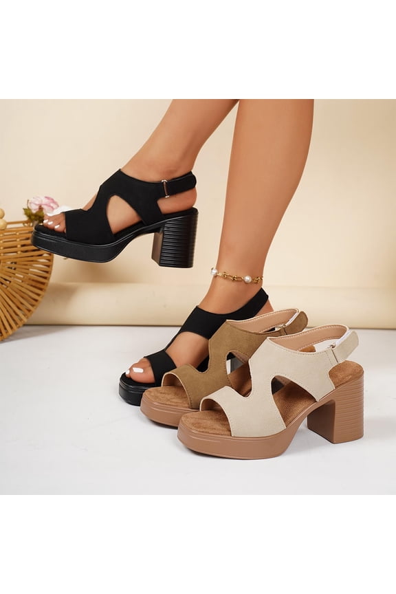 Casual Shoes for Women, Women Solid Color Peep Toe Elevator Heels with Block Heel for Fashion Casual Outings Brown