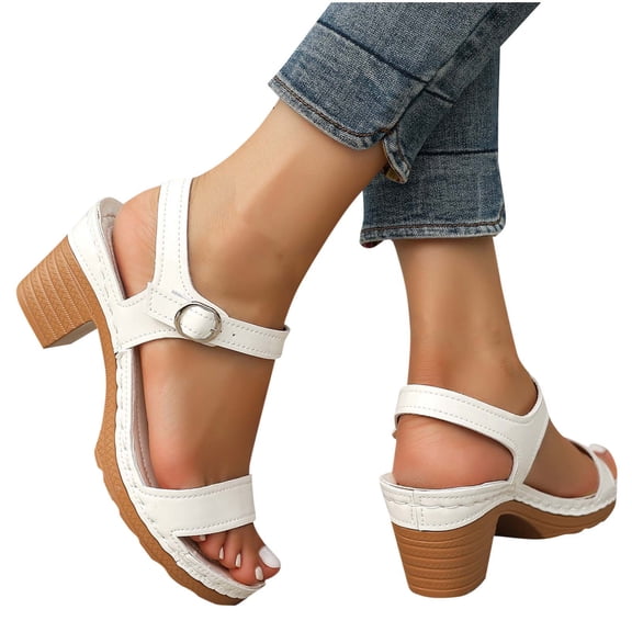 THDHVS Casual Shoes for Women,Womens Dress Shoes,Women's Fashion Casual One-Strap Sequin Buckle Spring and Summer Thick High-Heeled Sandals White 9