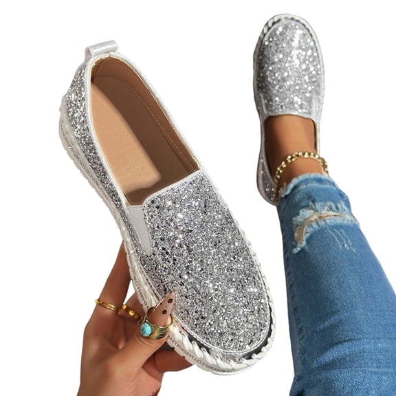 THDHVS Casual Shoes for Women, Women's Fashion Casual Style Solid Color Commuting Business Sequined Toe Shoes Sandals Silver 5.5