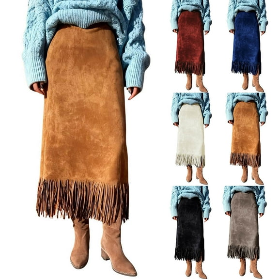 THDHVS Casual Skirts for Women,High Waist Faux Suede Loose Casual Fringe Long Skirt,Women's Skirts