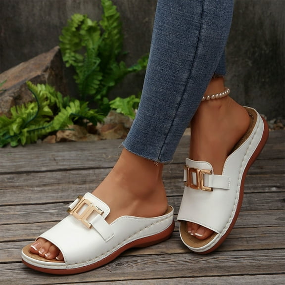 THDHVS Wedge Sandals for Women,Sandals Women,Women's Fashion Casual Summer Buckle Wedge Heel Open Toe Metal Buckle Fish Mouth Beach Sandals White 6
