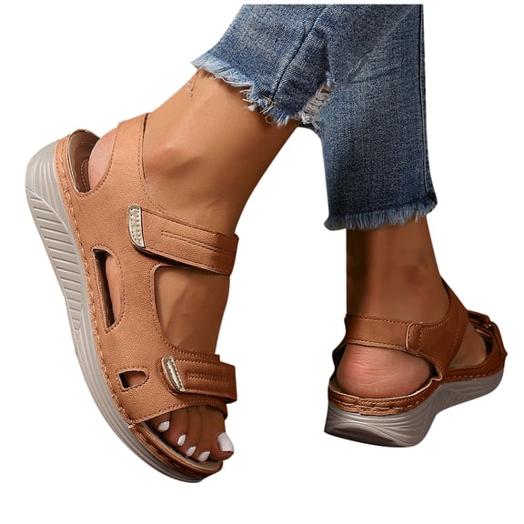 THDHVS Women's Sandals,Beach Sandals for Woman,Women's Fashion Casual Spring Beach Hollow Flat Sandals Brown 6