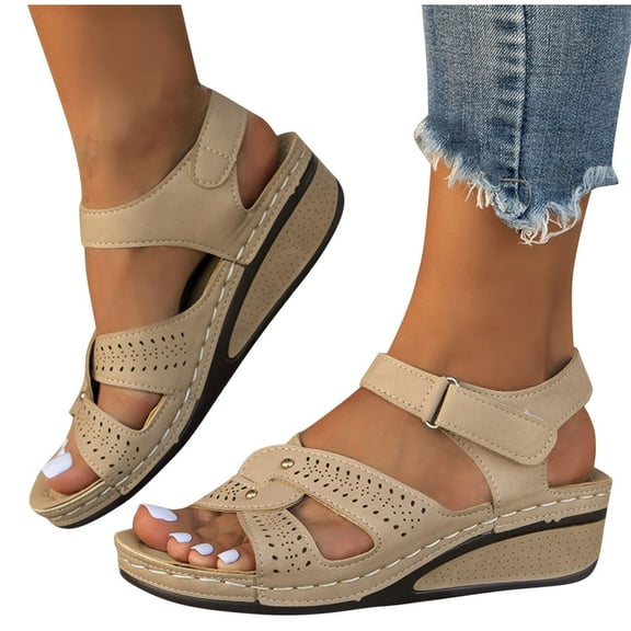 THDHVS Comfortable Sandals for Women,Womens Sandals,Women's Fashion Casual Summer One-Line Hollow Fish Mouth Wedge Heel Casual Outdoor Sandals White 9