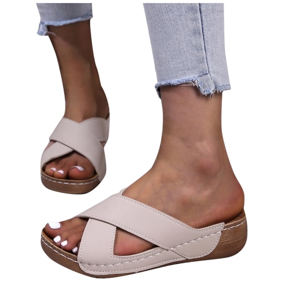 THDHVS Womens Wedge Sandals, Women's Fashion Casual Spring Solid Color Strap Thick Bottom Wedge Heels Gray 7.5