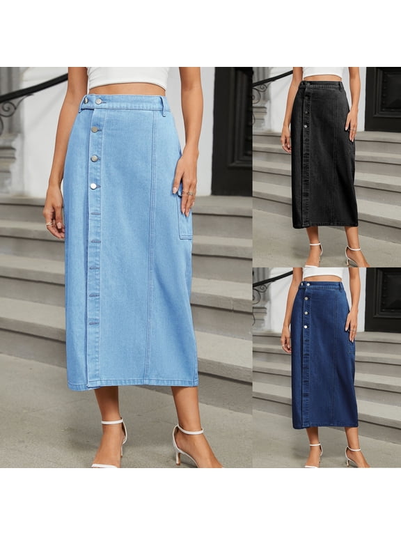 Denim Skirt,Jean Skirts for Women Denim,Women's Casual Mid Rise Button Down Frayed Hem Denim Jean Midi Skirt Light Blue M