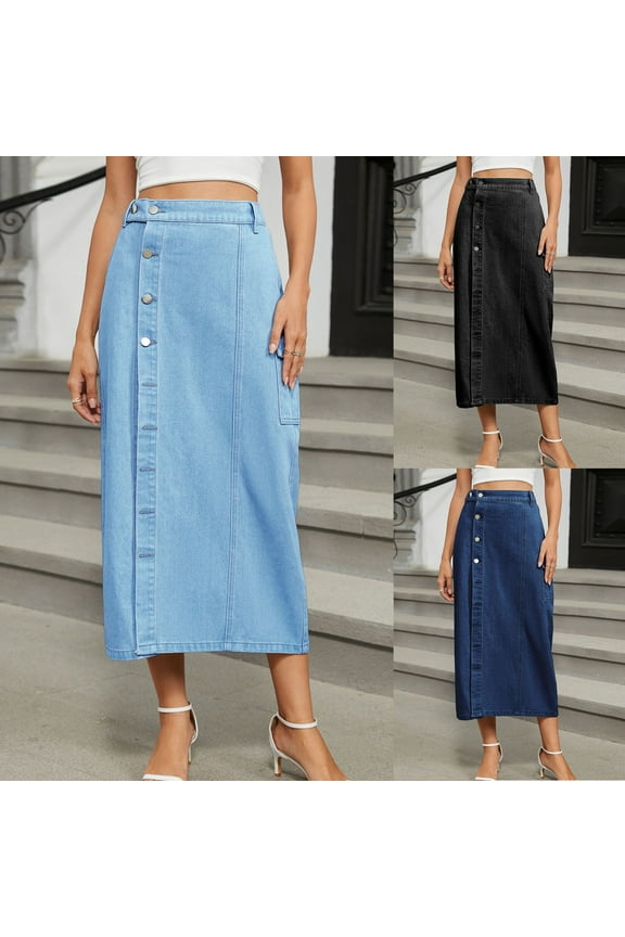 Denim Skirt,Women's Casual Mid Rise Button Down Frayed Hem Denim Jean Midi Skirt Light Blue S