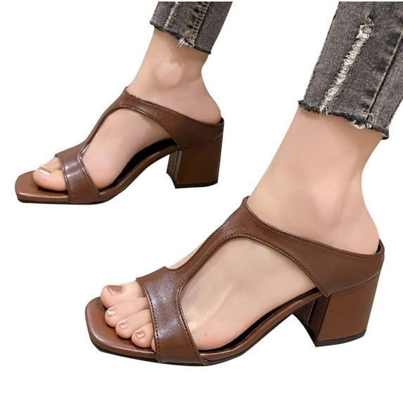 THDHVS Dress Shoes for Women,Sandals Women,Women's Fashion Casual Square Head Open Toe One-Line Spring and Summer Breathable Thick High Heel Slippers Brown 7.5
