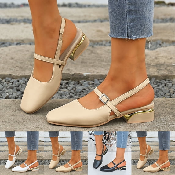 THDHVS Dress Shoes for Women,Womens Sandals,Fashion Casual Comfortable Style Solid Color Square Toe Closed Toe One-Line Buckle Back Hollow Square Heel Low Thick Heel Sandals White