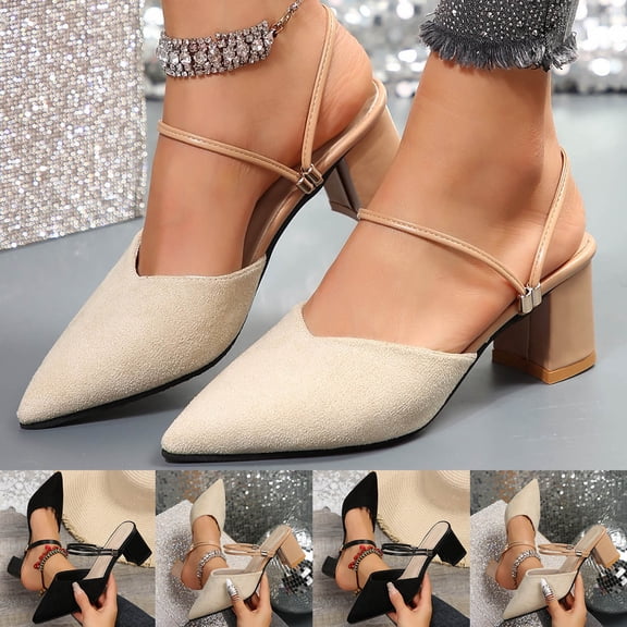 THDHVS Dress Shoes for Women,Womens Sandals,Women Fashion Casual Summer Item Solid Color Toe Cap Pointed Middle Heel Thick Heel Comfortable Versatile Cool Slippers Beige